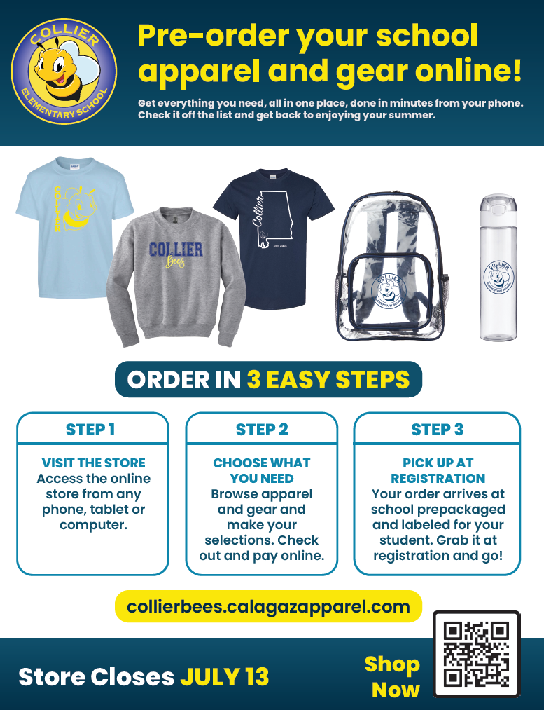 A poster shows three items: a blue T-shirt, a gray sweatshirt, and a clear backpack. Below, steps are outlined for ordering school apparel and gear online.