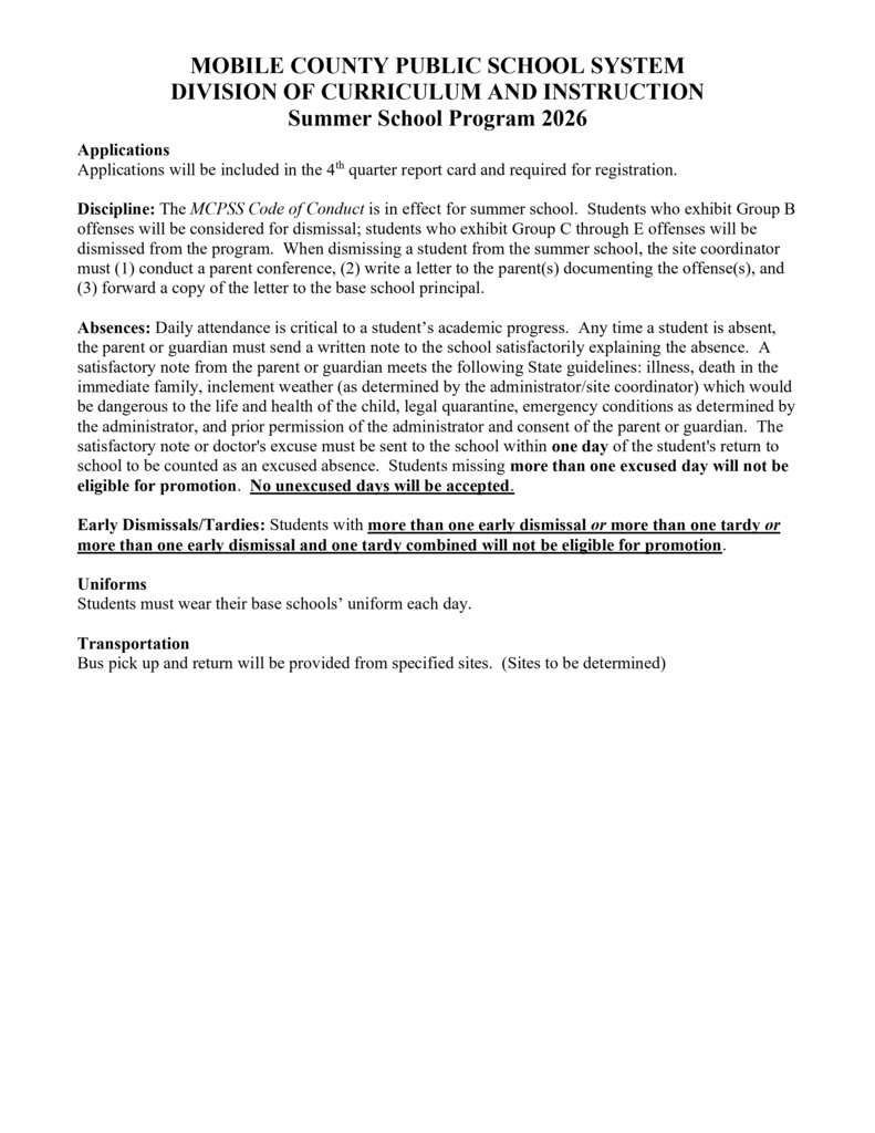 A document titled "Mobile County Public School System Division of Curriculum and Instruction Summer School Program 2016" contains text and instructions in black font on a white background.