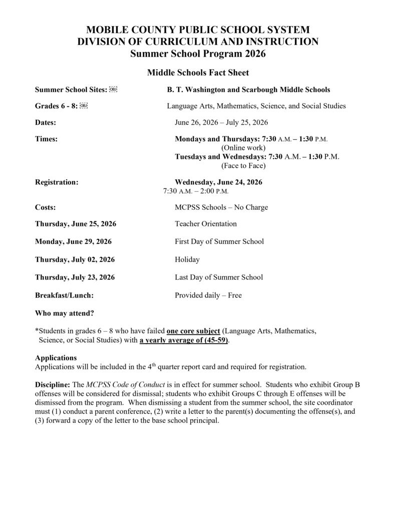 A document titled "MOBILE COUNTY PUBLIC SCHOOL SYSTEM DIVISION OF CURRICULUM AND INSTRUCTION Summer School Program 2026" is displayed. It includes details about registration, dates, times, and program information.