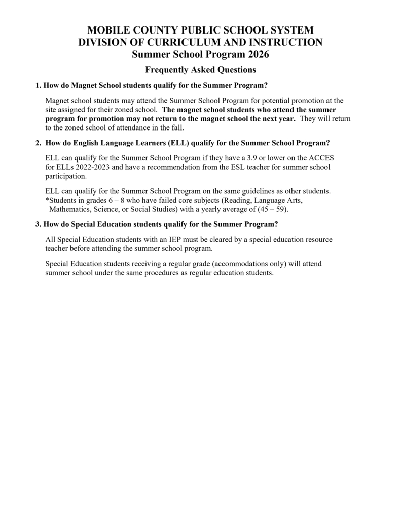 A document titled "Mobile County Public School System Division of Curriculum and Instruction Summer School Program 2016" contains a list of frequently asked questions.