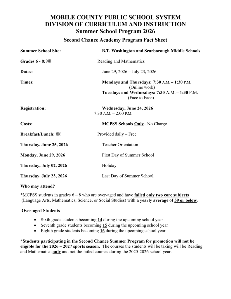 Document titled "Second Chance Program Fact Sheet" displays details of the Mobile County Public School System's summer school program. Includes dates, times, and registration information.