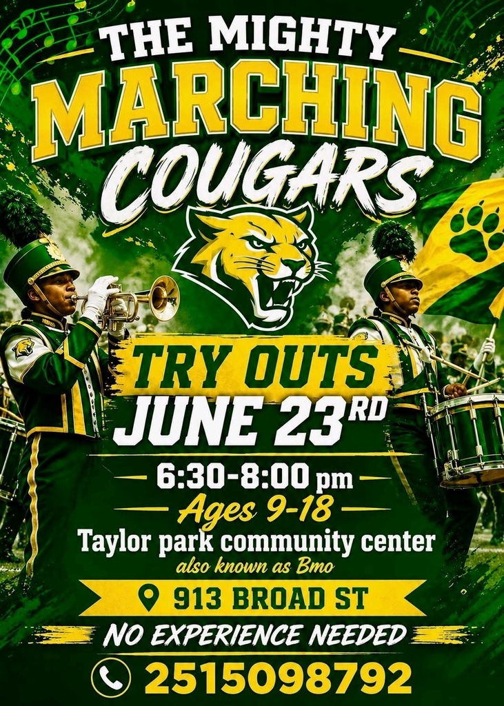 Marching Cougars Band Playing instruments on flyer announcing tryout on June 23, 2026 for ages 9-18 from 6:30 - 8:00 pm at 913 Broad St