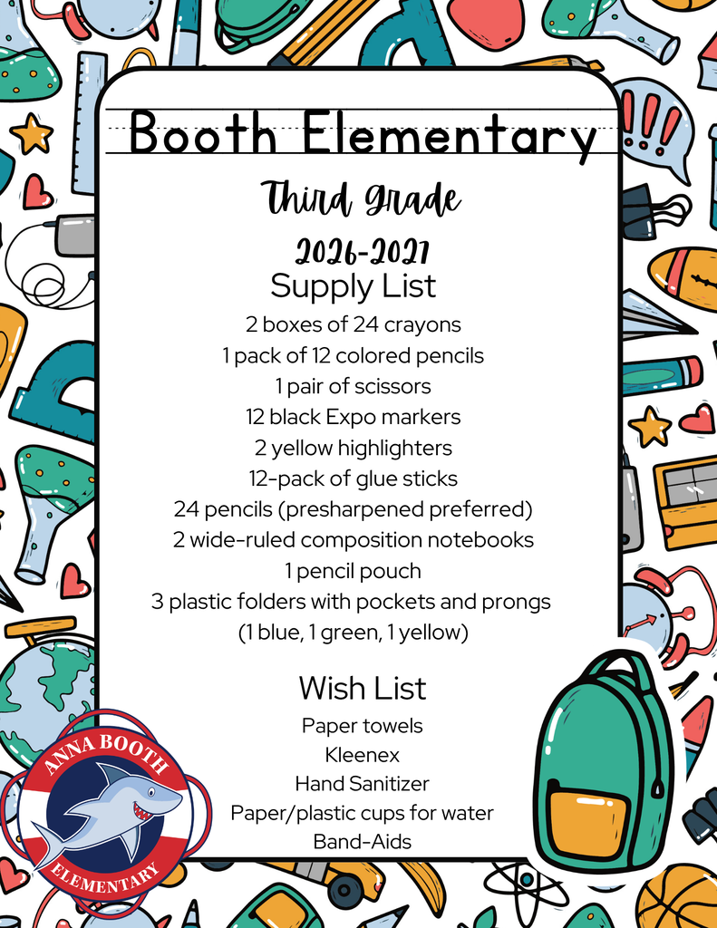 3rd grade Supply List 2 boxes of 24 crayons 1 pack of 12 colored pencils 1 pair of scissors 12 black Expo markers 2 yellow highlighters 12-pack of glue sticks 24 pencils (presharpened preferred) 2 wide-ruled composition notebooks 1 pencil pouch 3 plastic folders with pockets and prongs (1 blue, 1 green, 1 yellow)