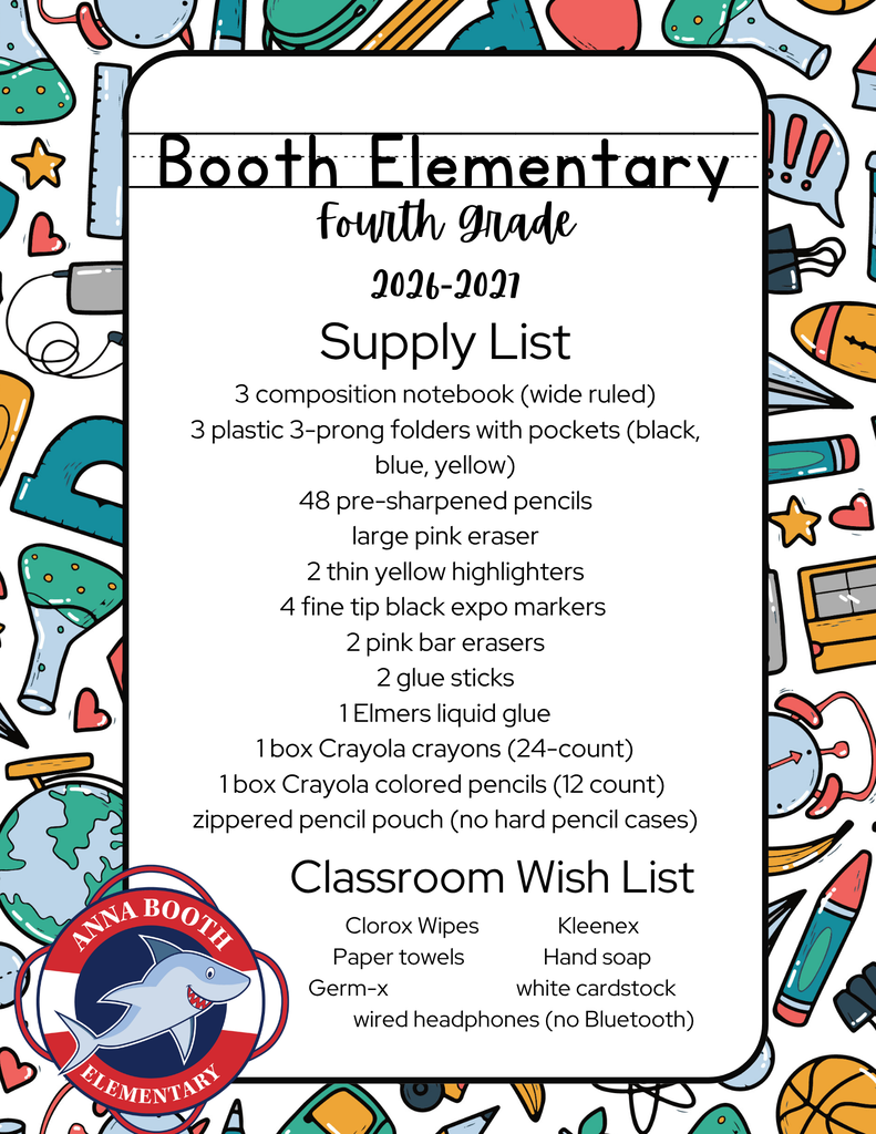 4th grade Supply List 3 composition notebook (wide ruled) 3 plastic 3-prong folders with pockets (black, blue, yellow) 48 pre-sharpened pencils large pink eraser 2 thin yellow highlighters 4 fine tip black expo markers 2 pink bar erasers 2 glue sticks 1 Elmers liquid glue 1 box Crayola crayons (24-count) 1 box Crayola colored pencils (12 count) zippered pencil pouch (no hard pencil cases)