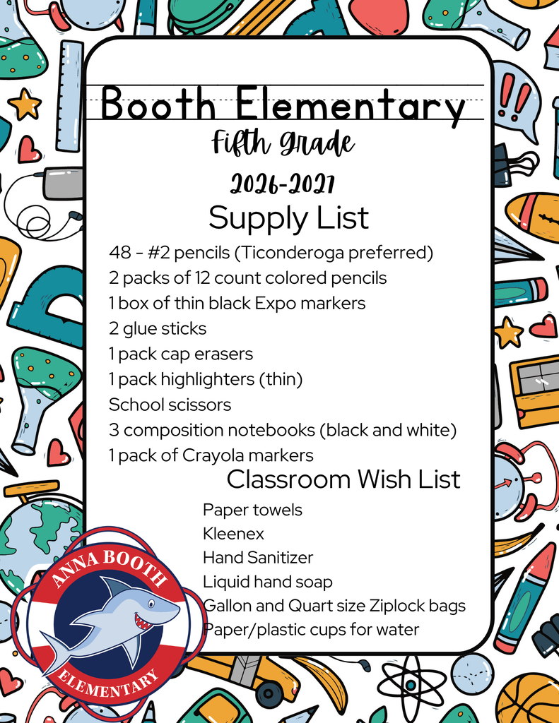 5th grade Supply List 48 - #2 pencils (Ticonderoga preferred) 2 packs of 12 count colored pencils 1 box of thin black Expo markers 2 glue sticks 1 pack cap erasers 1 pack highlighters (thin) School scissors 3 composition notebooks (black and white) 1 pack of Crayola markers