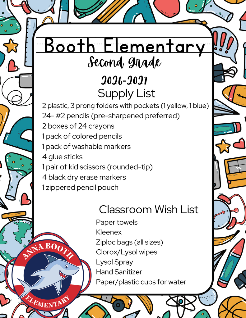 2nd grade Supply List 2 plastic, 3 prong folders with pockets (1 yellow, 1 blue) 24- #2 pencils (pre-sharpened preferred) 2 boxes of 24 crayons 1 pack of colored pencils 1 pack of washable markers 4 glue sticks 1 pair of kid scissors (rounded-tip) 4 black dry erase markers 1 zippered pencil pouch