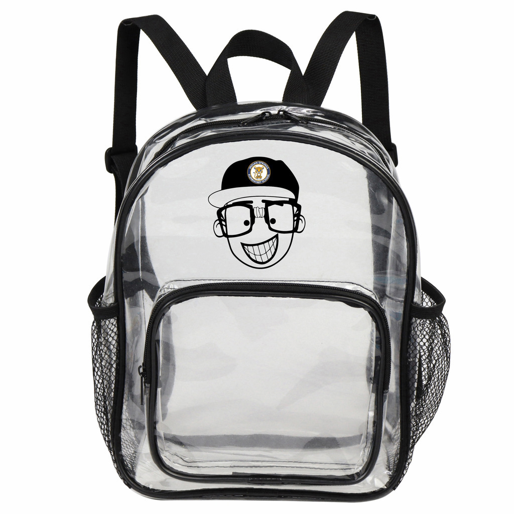 Clear book bag with Secret Scientist logo: A grinning cartoon character, sporting glasses and a hat bearing the Indian Springs ES logo.