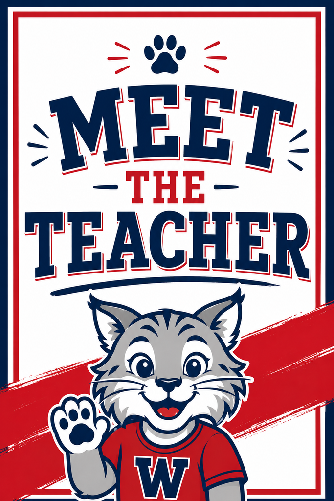 Wildcat image waving that says Meet the Teacher
