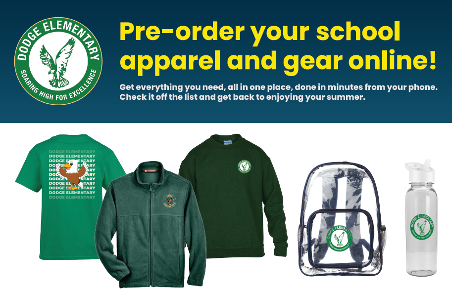 Advertisement for pre-ordering school apparel and gear online. Items include a green jacket, T-shirt, backpack, and water bottle.