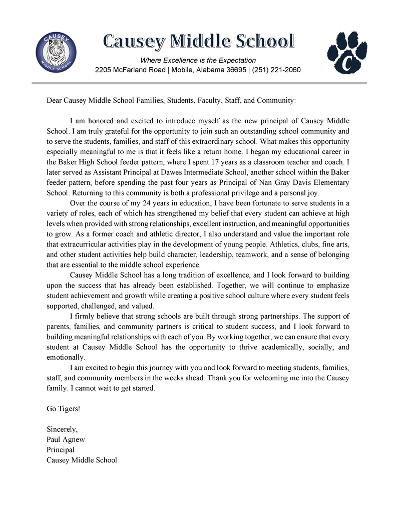 A document titled "Causey Middle School" features a paw print logo, a phone number, and a message from the principal.