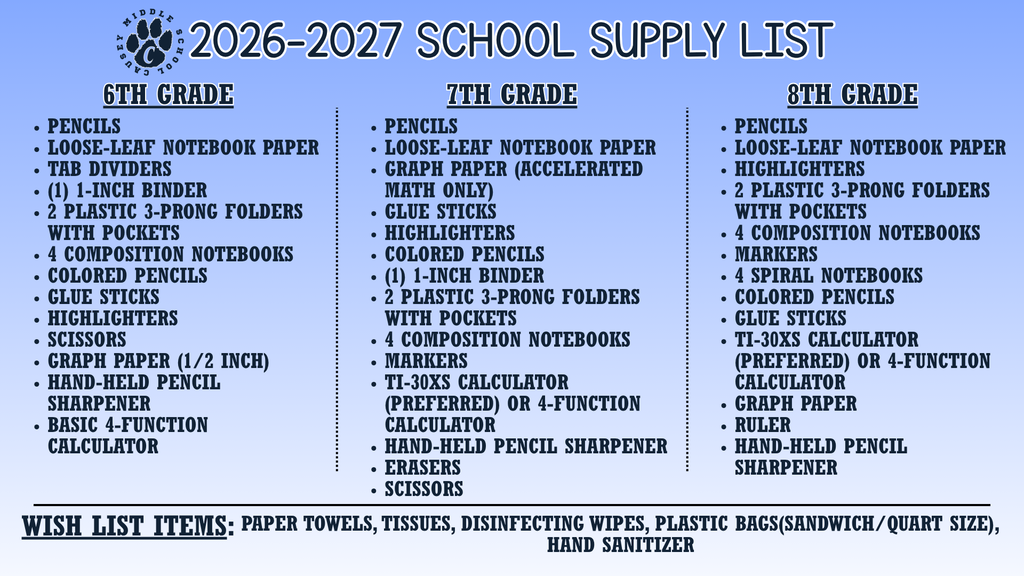 A list of school supplies for the 2026-2027 school year. Supplies are categorized by grade and include items such as pencils, binders, and calculators.