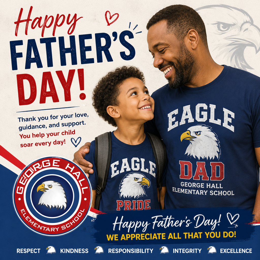 Poster with two people, a father and son, both wearing blue Eagle Pride shirts. They are smiling.
