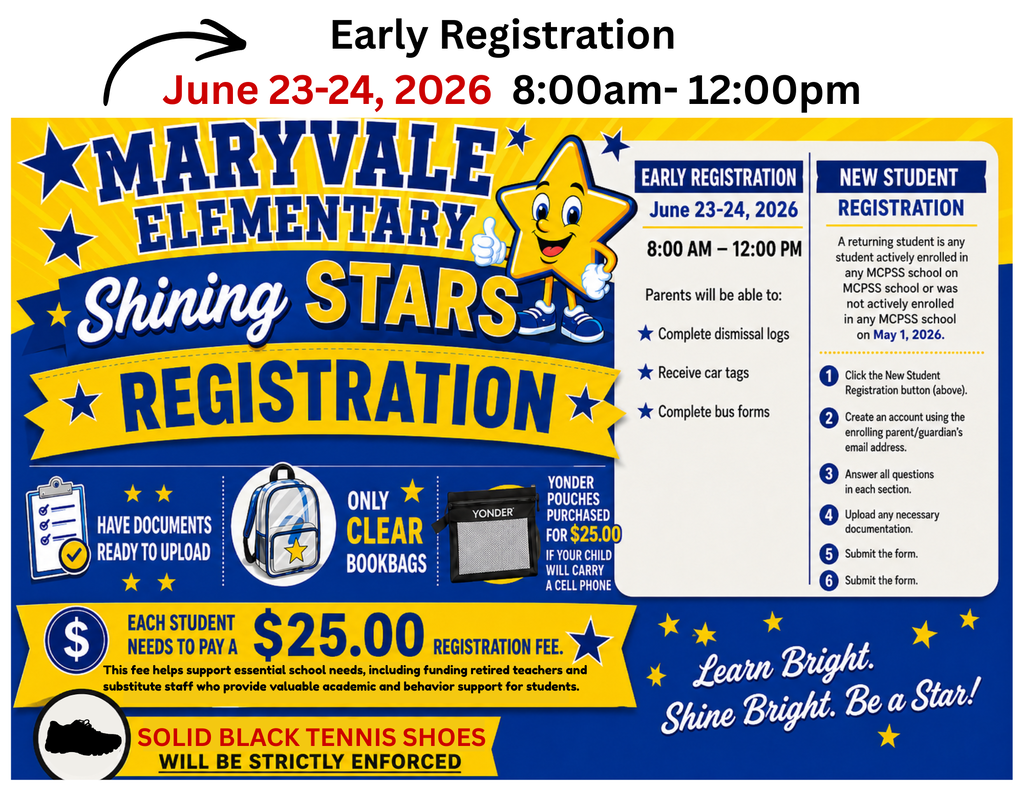 A registration poster for Maryvale Elementary's Shining Stars event on June 23-24, 2026, from 8:00 am to 12:00 pm.