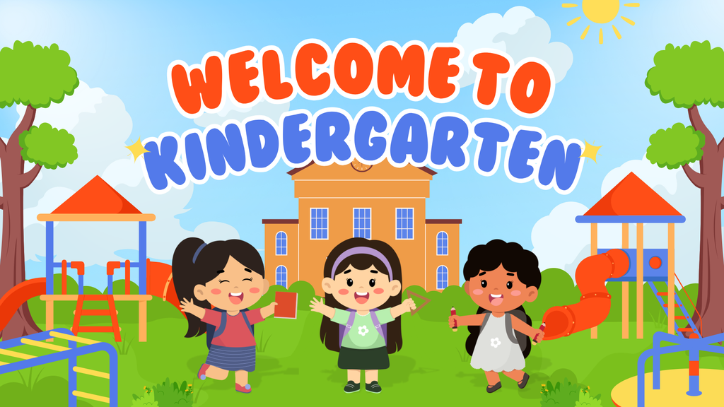 Animation of children in front of a school and a playground with the title Welcome to Kindergarten.