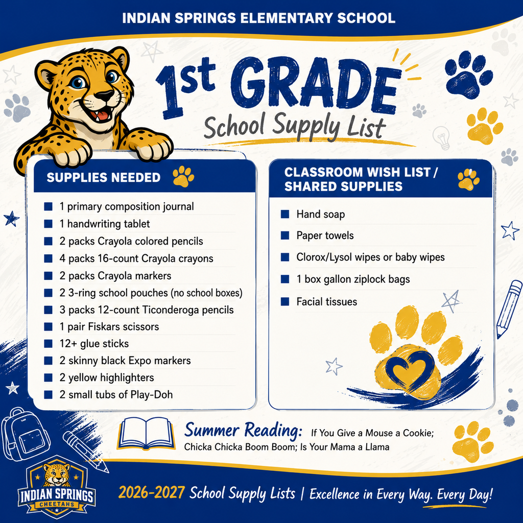 FIRST GRADE SUPPLY LIST 1- Primary Composition Journal https://a.co/d/05U86jsa 1- Handwriting Tablet 2 pks Crayola Color Pencils 4 pk 16 count Crayola crayons 2 pks of Crayola Markers  2- 3 ring school pouch (NO SCHOOL BOXES) 3 pks of 12 count Ticonderoga pencils 1 pair Fiskars Scissors 12+ glue sticks 2 Expo Black Markers (skinny) 2 yellow high lighters  2 small tubs of playdough                 Wish List: Hand soap Paper towels Clorox Wipes/Lysol wipes/Baby wipes 1 box of gallon zip lock bags Facial Tissues  Summer Reading: If You Give a Mouse a Cookie by Laura Numeroff Chicka Chicka Boom Boom by Bill Martin Jr. and John Archambault  Is Your Mama a Llama by Deborah Guarino and Steven Kellogg