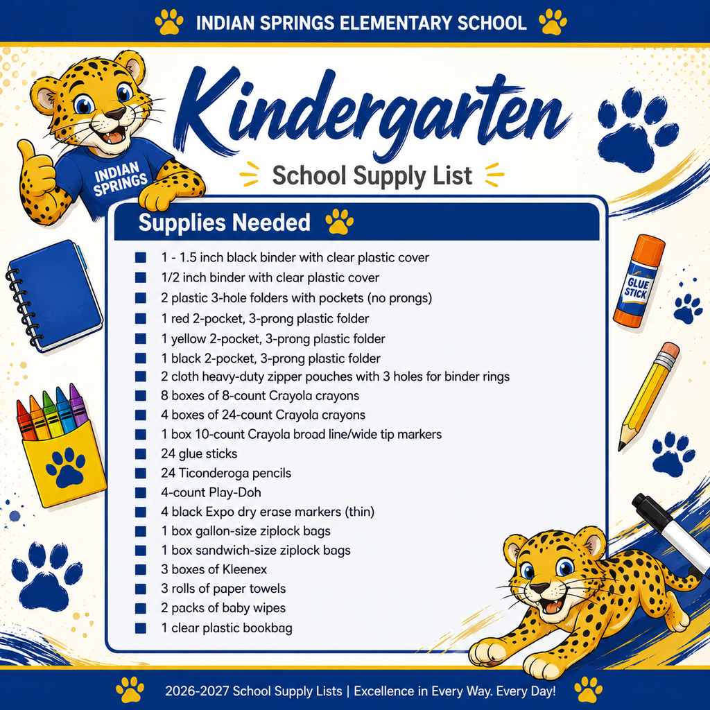 Kindergarten Supply List  1 – 1.5 inch black binder with clear plastic cover ½ inch binder with clear plastic cover 2 - plastic 3 hole folders with pockets (no prongs) 1 red 2 pocket 3 prong plastic folder 1 yellow 2 pocket 3 prong plastic folder I black 2 pocket 3 prong plastic folder 2 cloth heavy duty zipper pouches with 3 holes for binder rings  8 boxes of 8-count Crayola crayons 4 boxes of 24-count Crayola crayons 1 box 10-count Crayola broad line/wide tip markers 24 Glue sticks 24 Ticonderoga pencils 4 count Play-Doh 4 black Expo brand dry erase markers (thin) 1 box of gallon size ziplock bags 1 box of sandwich size ziplock bags 3 boxes of Kleenex 3 rolls of paper towels 2 pack of babywipes 1 clear plastic bookbag