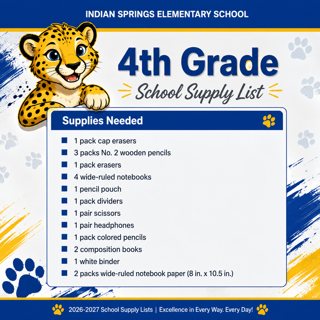 2026-2027 4th grade supply list  1.	1 pack of cap erasers 2.	3 packs of No 2. wooden pencils 3.	1 pack of erasers 4.	4 packs of wide ruled notebooks 5.	1 pencil pouch 6.	1 pack of dividers 7.	1 pair of scissors 8.	1 pair of headphones 9.	1 pack of color pencils 10.	2 composition books 11.	1 white binder   12.	2 packs of wide ruled note book paper (8 in x10.5 in)