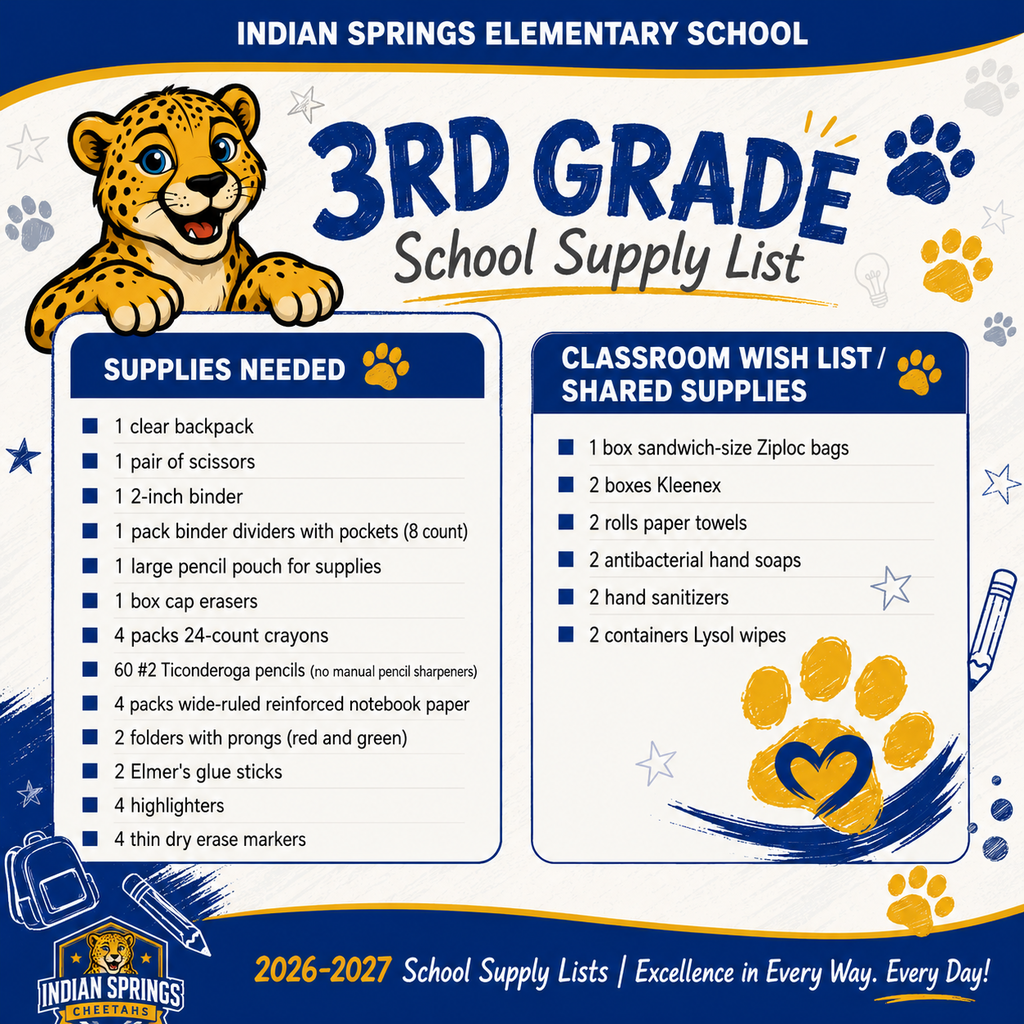 Third Grade School Supply List  1	clear backpack 1	scissors 1       2-inch binder 1       pack of binder dividers with pockets (8 count) 1	large pencil pouch (for supplies) 1 	box of cap erasers 4	24 pack crayons  60	#2 Pencils (Ticonderoga brand) **No manual pencil sharpeners** 4	packs wide ruled reinforced notebook paper 2       folders (red and green w/prongs) 2	Elmer’s glue sticks  4	highlighters  4	thin dry erase markers 1       box of sandwich size Ziploc bags 2 	boxes of Kleenex  2 	paper towels  2 	antibacterial hand soaps 2	hand sanitizers 2	containers of Lysol wipes