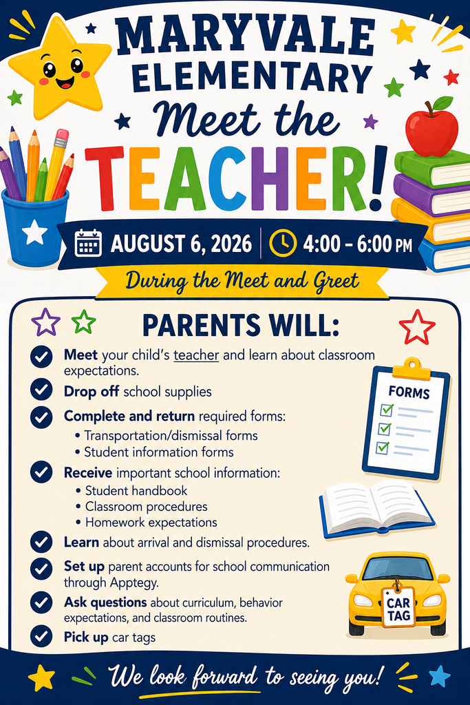 A flyer for Maryvale Elementary's Meet the Teacher event on August 6, 2026, from 4-6 PM. Includes icons for supplies, transportation, and books.