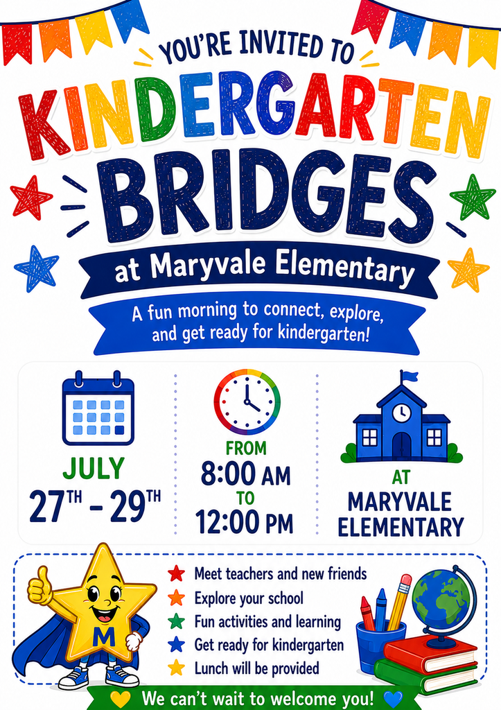 Brightly colored poster with bold text "You're Invited to Kindergarten Bridges" in the center. Includes dates, times, and location, with icons for a calendar, clock, and school building.