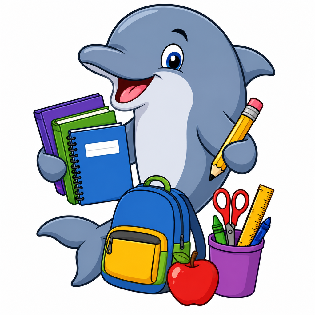 Clip Art: Dolphin with school supplies. A smiling dolphin holds books, a pencil, and a backpack.