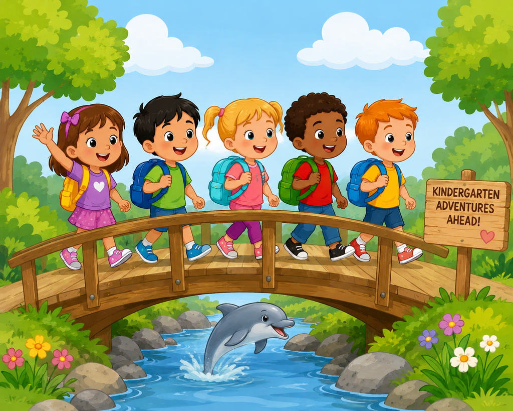 Kindergarten Children in school uniforms and backpacks cross a wooden bridge over a stream on a partly cloudy day. A dolphin jumps in the water. with a sign that reads kindergarten adventures ahead