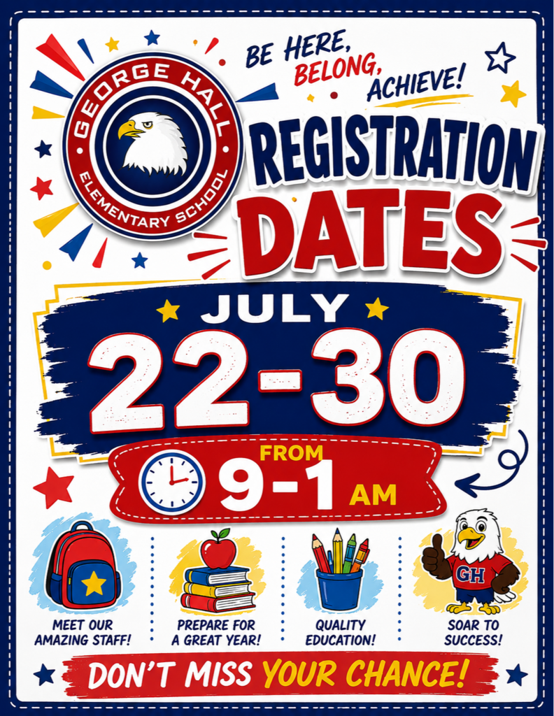Poster with blue and white background. It features dates of registration, mascot, icons, and a message.