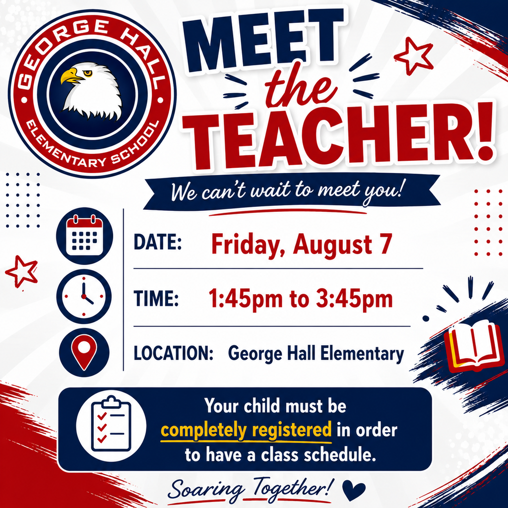 An event poster features a blue and white background, an eagle logo, and text for "Meet the Teacher" with the date and time.