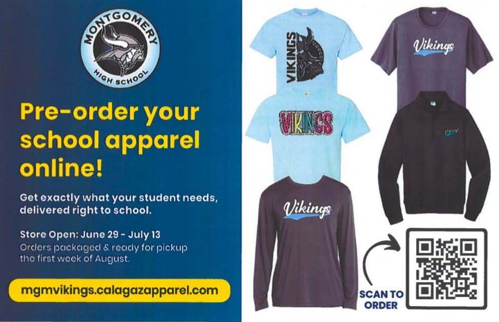 Pre-order your school apparel online! Store open June 29-July 13. Visit mgmvikings.calagazapparel.com