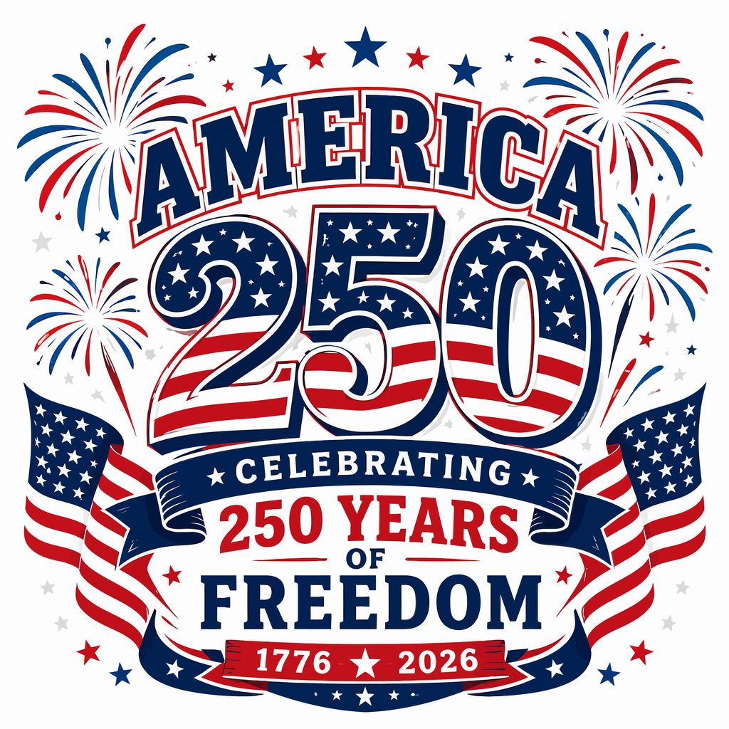 Graphic design for "America 250" celebrating 250 years of freedom. Includes American flag, fireworks, and years 1776 and 2026.