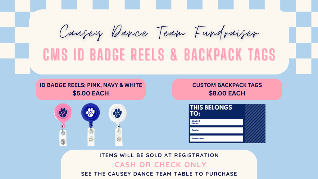 A blue background with white text. It displays items for sale: ID badge reels and backpack tags. Prices are listed.