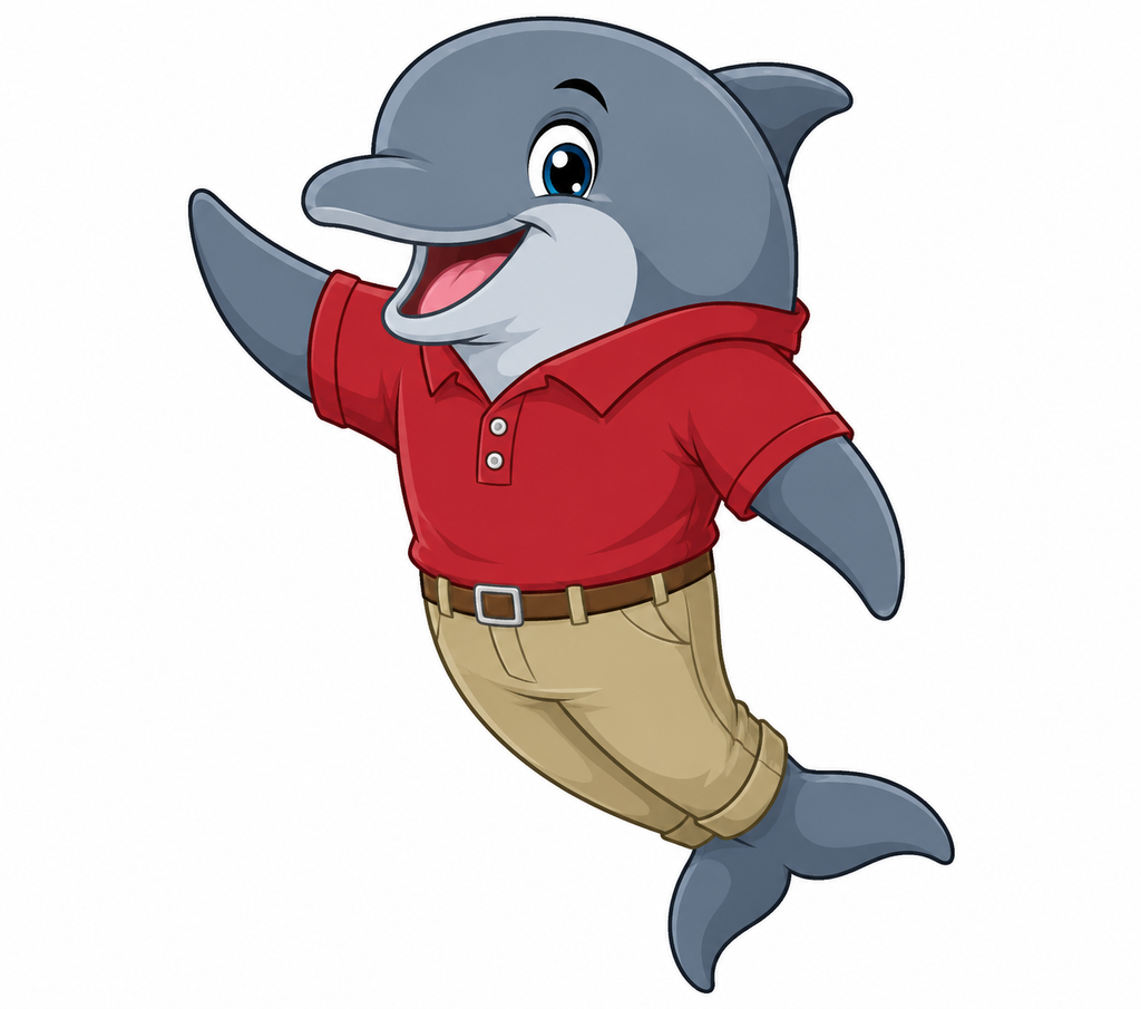 Dolphin in a red shirt, tan pants, and belt against a white background.