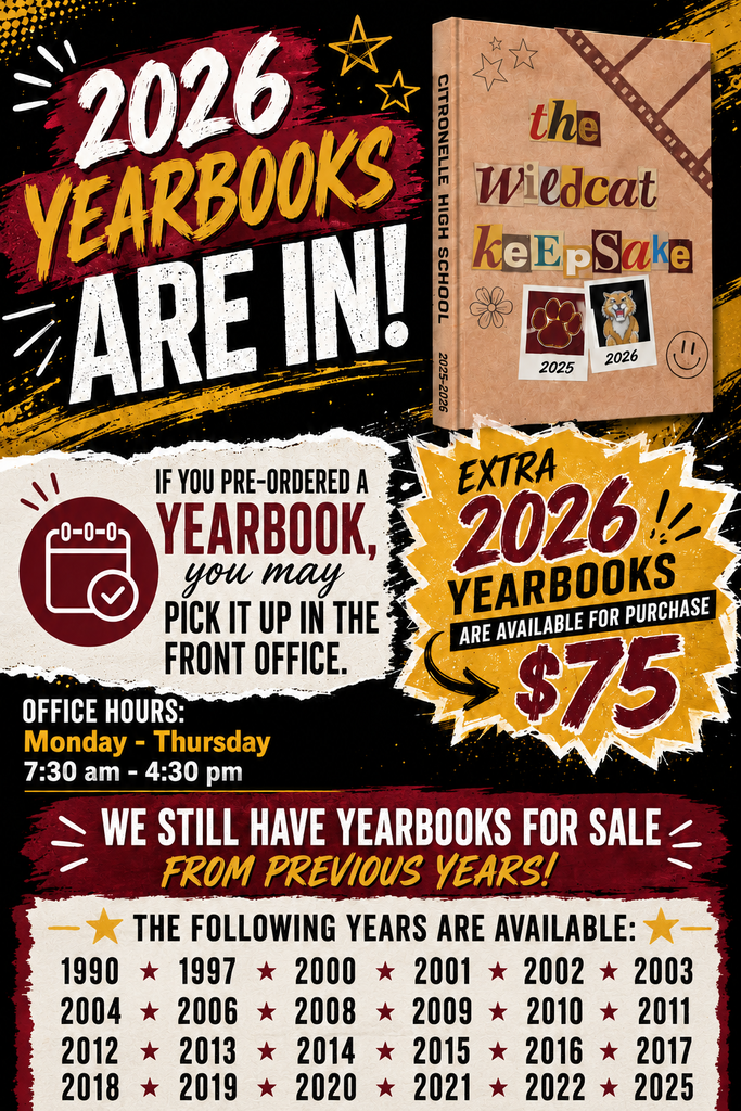 An announcement with a black background. The title reads "2026 Yearbooks Are In!" A brown book is shown.