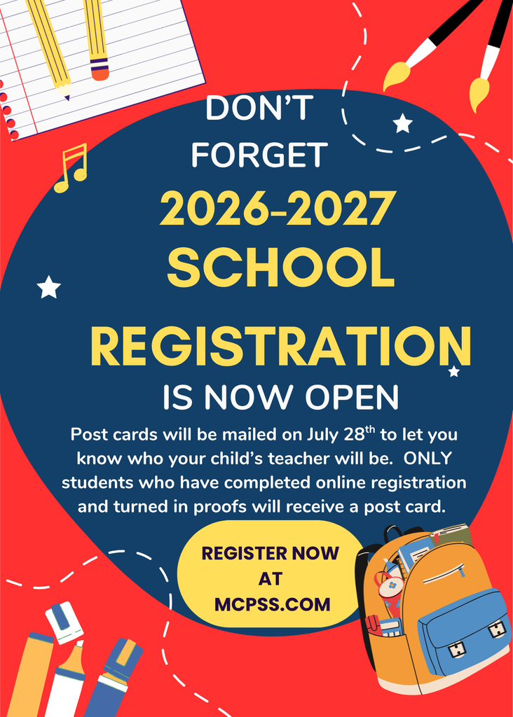 School registration is open.  Post cards will be mailed on July 28th to let you know who your child’s teacher will be.  ONLY students who have completed online registration and turned in proofs will receive a post card.