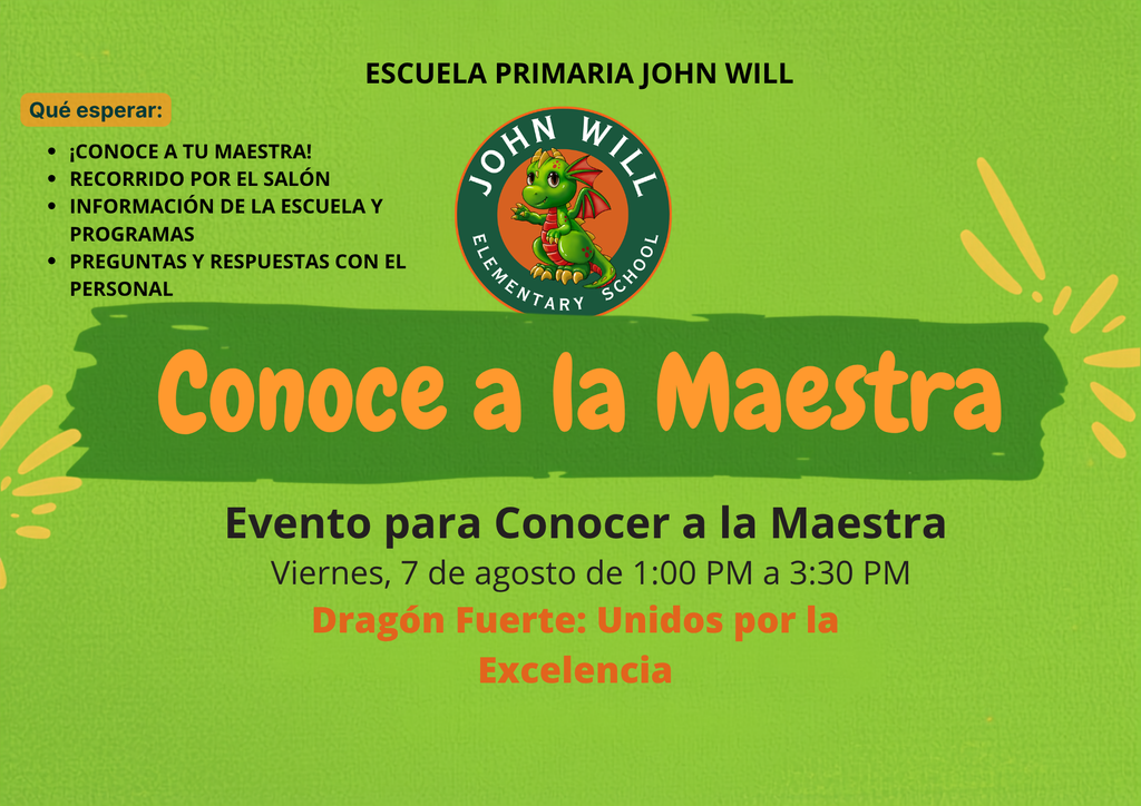 Un volante verde anuncia un evento para conocer a la maestra, con un logotipo verde que presenta un dragón de caricatura.