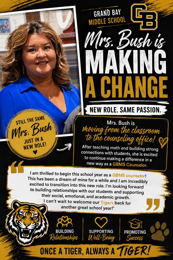 I am thrilled to begin this school year as a GBMS counselor! This has been a dream of mine for a while, and I am incredibly excited to transition into this new role. I’m looking forward to building relationships with our students and supporting their social, emotional, and academic growth. I can’t wait to welcome our Tigers back for another great school year!