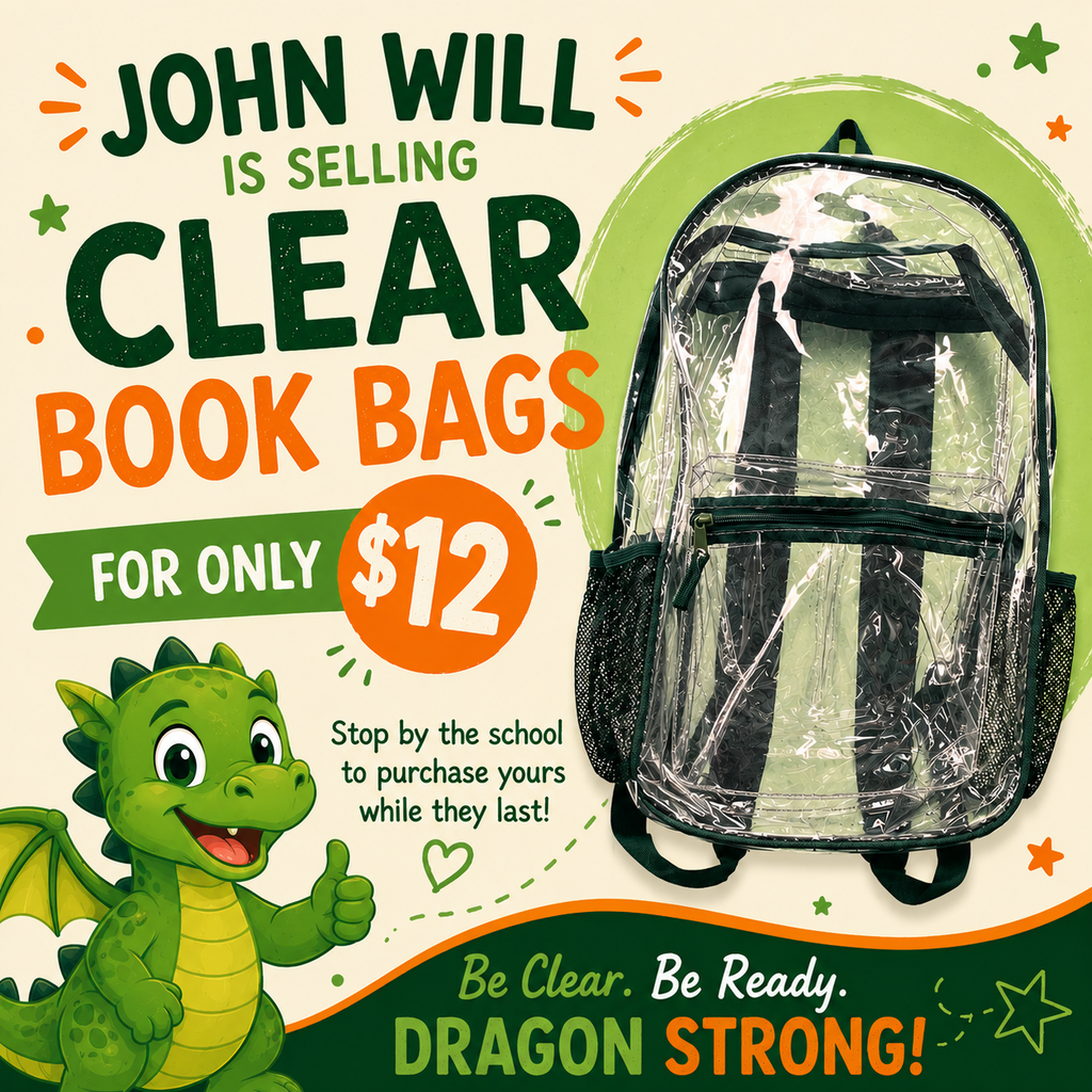 An advertisement for clear book bags priced at $12. A transparent backpack is featured, next to a green cartoon dragon.