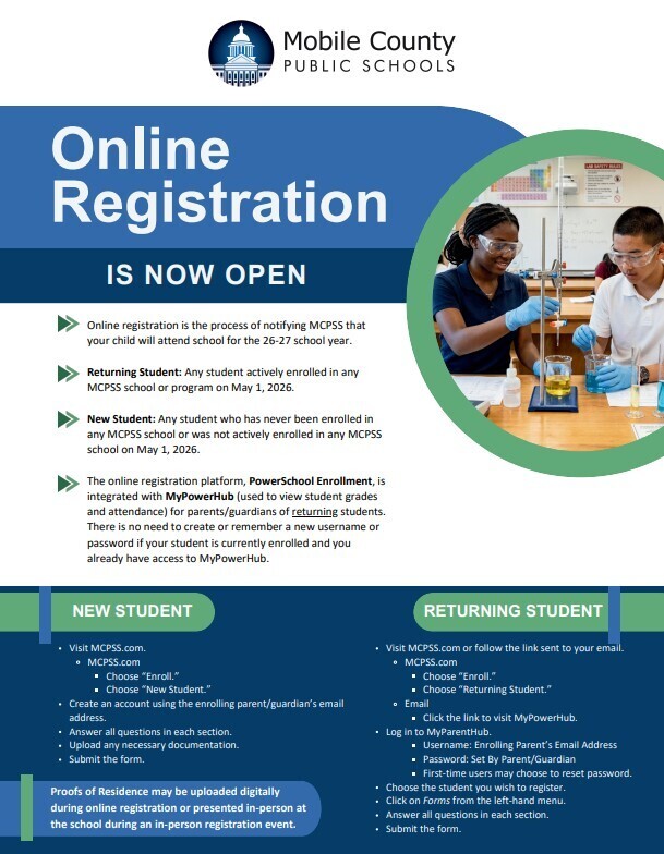 This is a reminder that the final two days to register your child for the upcoming school year are Thursday, July 23rd from 9am to 12 noon, and Friday, July 24th from 12 noon to 3pm. After these dates, no further registrations will be processed until the first day of school, August 10th from 4pm to 6pm. Mrs. Griffin has to have time to cleanup the class rosters for the opening of school. Please make every effort to attend one of these registration sessions. We kindly ask for your patience, as these days are expected to be very busy and we want to ensure each student is registered properly. Remember, online registration must be completed before coming to the school. For more details, please review the attached documents. If you have any questions or concerns, feel free to call us at (251) 221-1820.