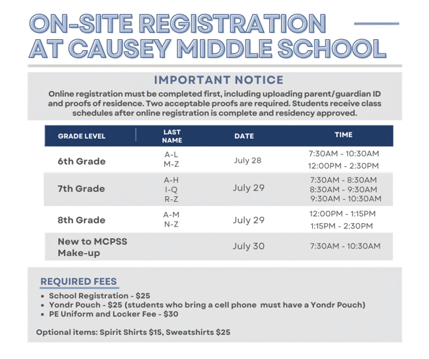 Causey Middle School On-Site Registration Graphic