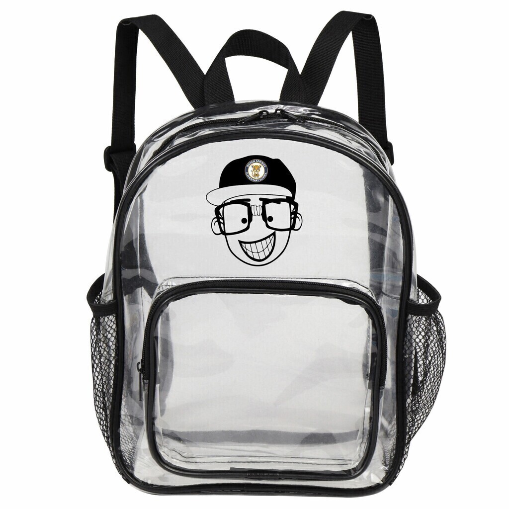 Clear book bag with Secret Scientist logo: A grinning cartoon character, sporting glasses and a hat bearing the Indian Springs ES logo.