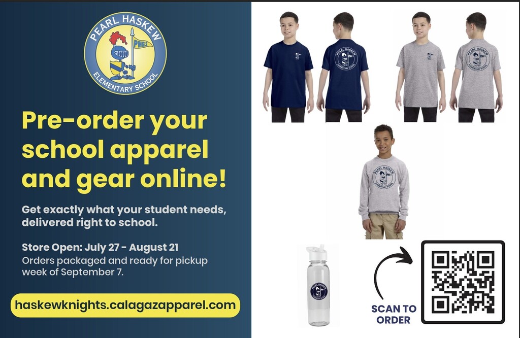 An advertisement displays four boys in school shirts. It highlights ordering school apparel and gear online.