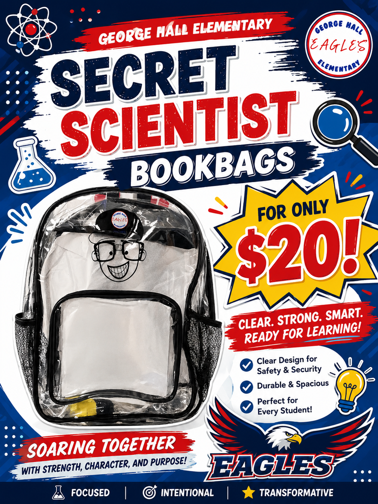 A clear backpack with a scientist face design is advertised on a blue and white background. The text reads "SECRET SCIENTIST BOOKBAGS" and "$20!"