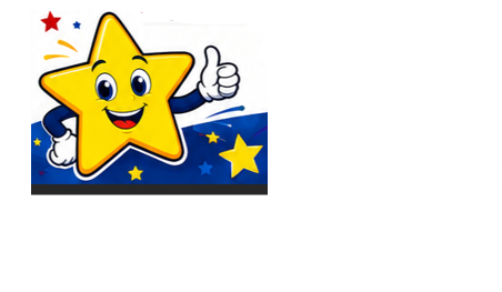 yellow star with a face and arms, blue /white background, small colorful stars