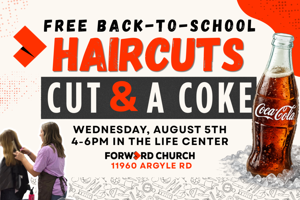 A poster with bold text offers free back-to-school haircuts and a Coke. A Coca-Cola bottle sits on ice.
