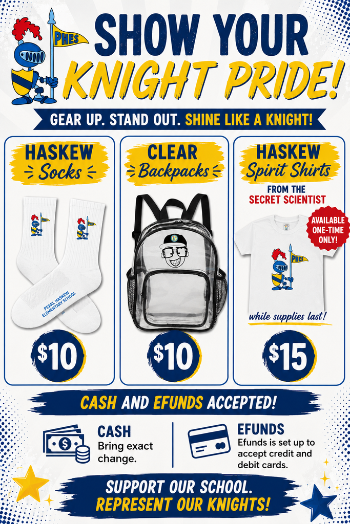 An advertisement offers school gear: socks, backpacks, and shirts. Each item is priced at $10, except the shirts at $15.