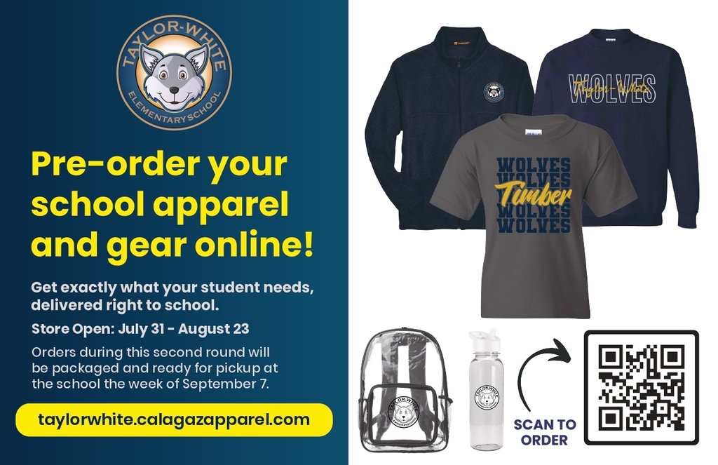 Pre-order School Apparel by Scanning the QR Code. Store is open from July 31 to August 23. Items will be delivered to school the week of September 7.