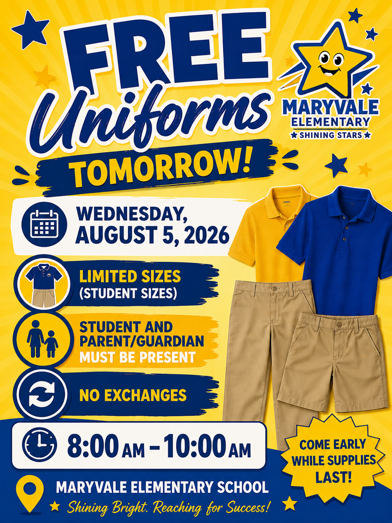An ad for free uniforms at Maryvale Elementary School on August 5, 2026. Details include time, size limits, and no exchanges.