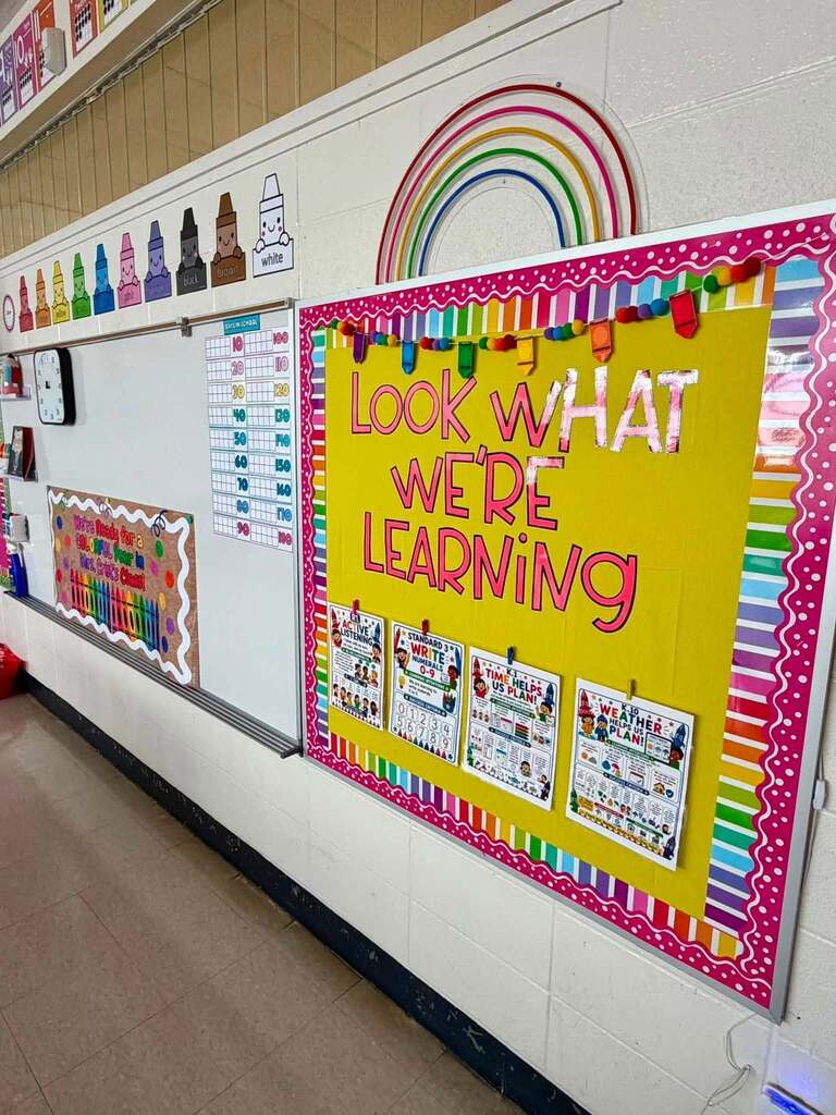 A classroom bulletin board that reads "Look What We're Learning"