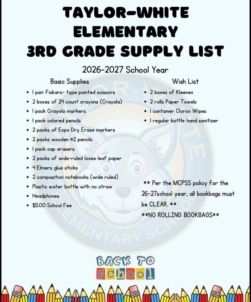 Taylor-White Elementary Supply List for Grade 3