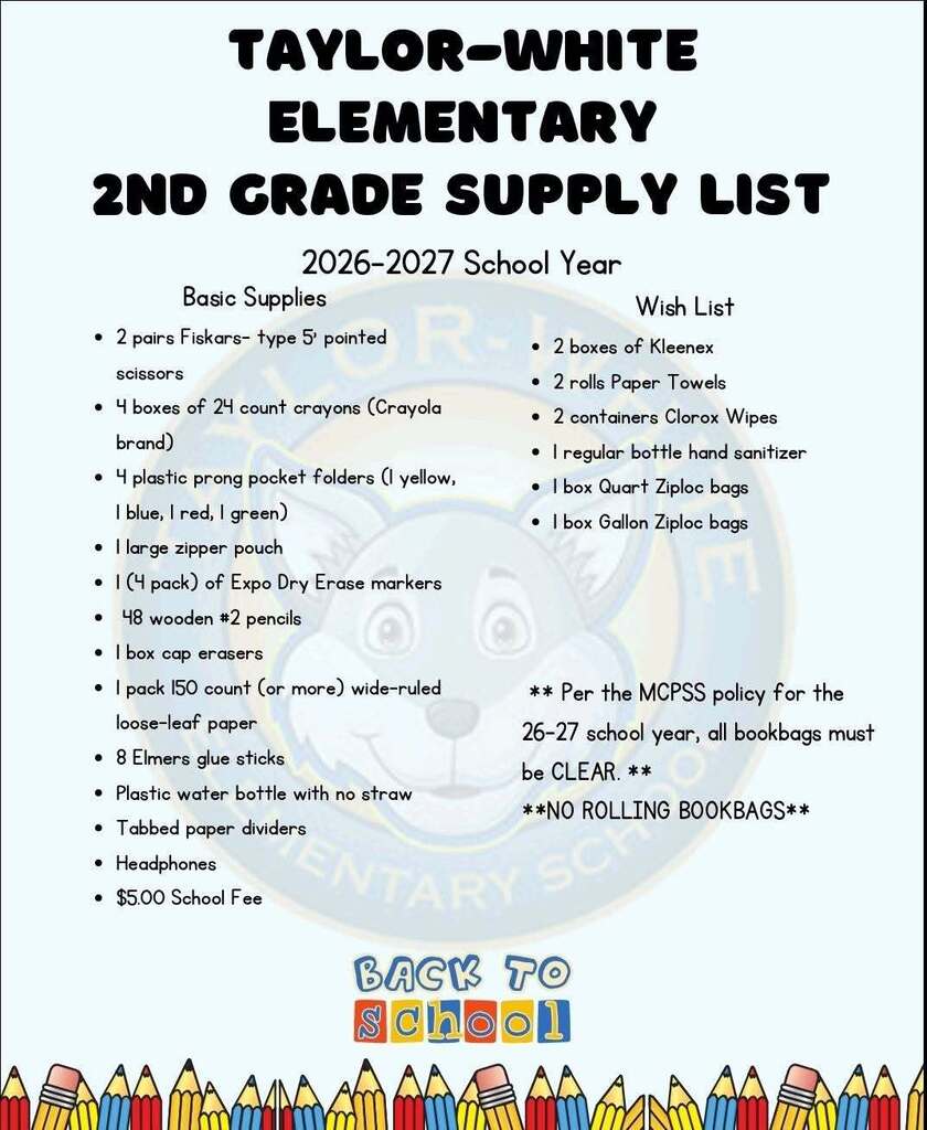 Taylor-White Elementary Supply List for Grade 2